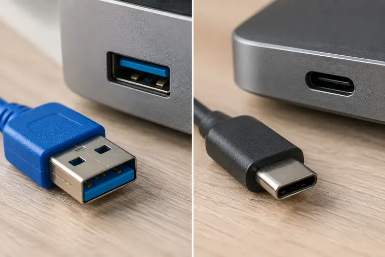 Gegenüberstellung: links USB 3.0, rechts USB-C