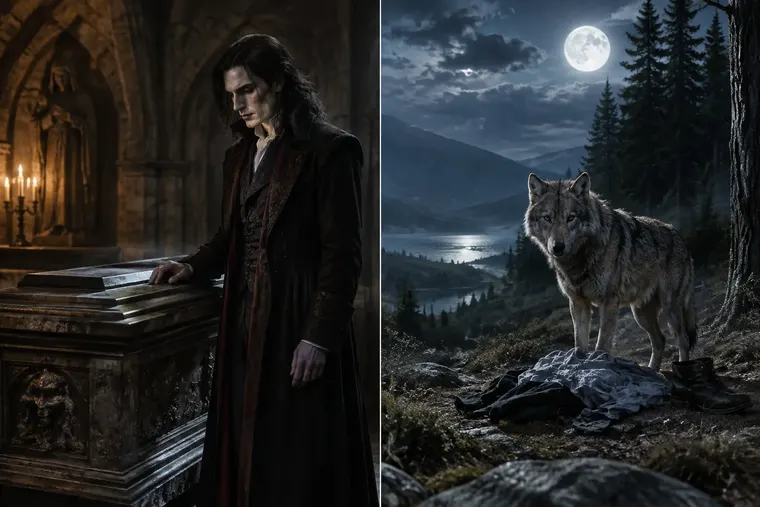 Gegenüberstellung: links Vampir, rechts Werwolf