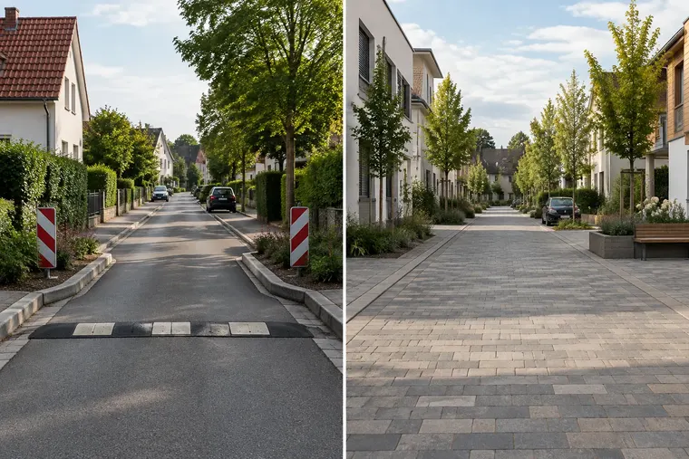 Gegenüberstellung: links verkehrsberuhigte Straße, rechts verkehrsberuhigter Bereich