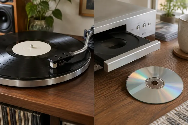 Gegenüberstellung: links Vinyl, rechts CD