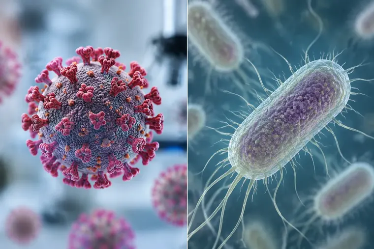Gegenüberstellung: links Virus, rechts Bakterium