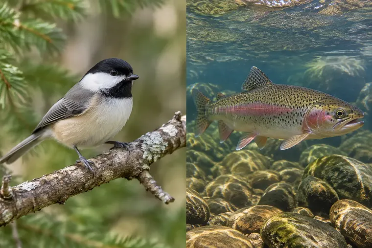 Gegenüberstellung: links Vogel, rechts Fisch