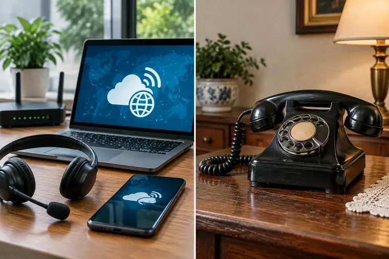 Gegenüberstellung: links VoIP, rechts Herkömmliche Telefonie