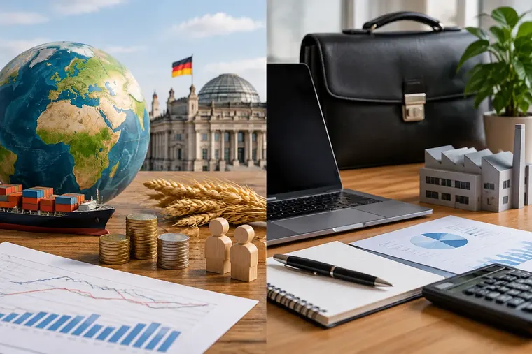 Gegenüberstellung: links Volkswirtschaftslehre, rechts Betriebswirtschaftslehre