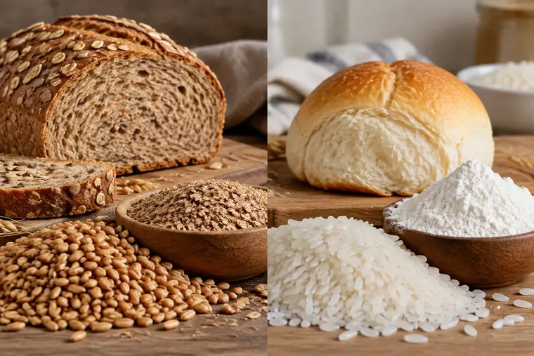 Gegenüberstellung: links Vollkornprodukt, rechts raffiniertes Getreideprodukt