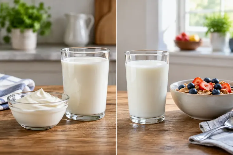 Gegenüberstellung: links Vollmilch, rechts fettarme Milch