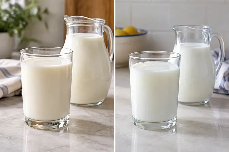 Gegenüberstellung: links Vollmilch, rechts Magermilch