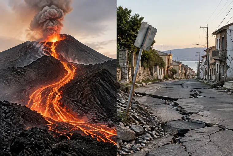 Gegenüberstellung: links Vulkanismus, rechts Erdbeben