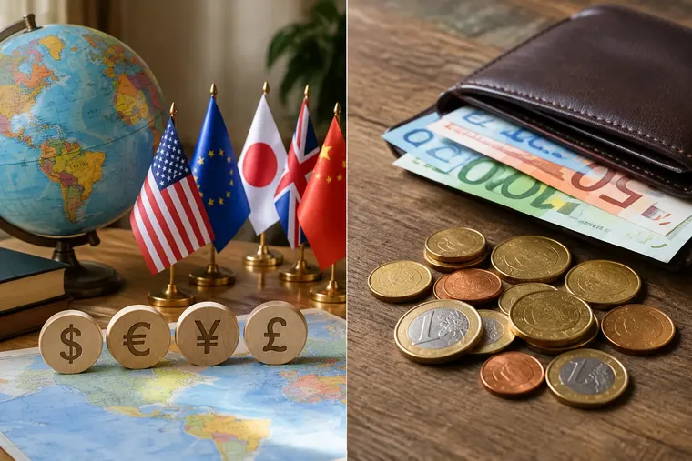 Gegenüberstellung: links Währung, rechts Geld