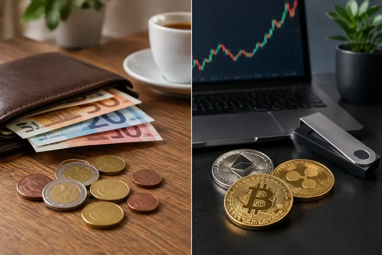 Gegenüberstellung: links Währung, rechts Kryptowährung