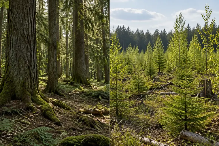 Gegenüberstellung: links Wald, rechts Jungwald