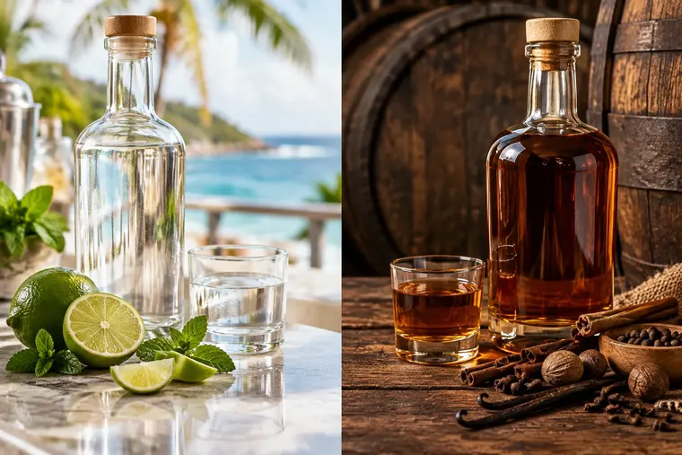 Gegenüberstellung: links weißer Rum, rechts brauner Rum