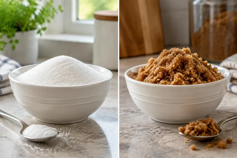 Gegenüberstellung: links weißer Zucker, rechts brauner Zucker