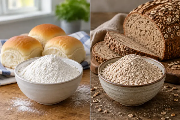 Gegenüberstellung: links Weißmehl, rechts Vollkornmehl