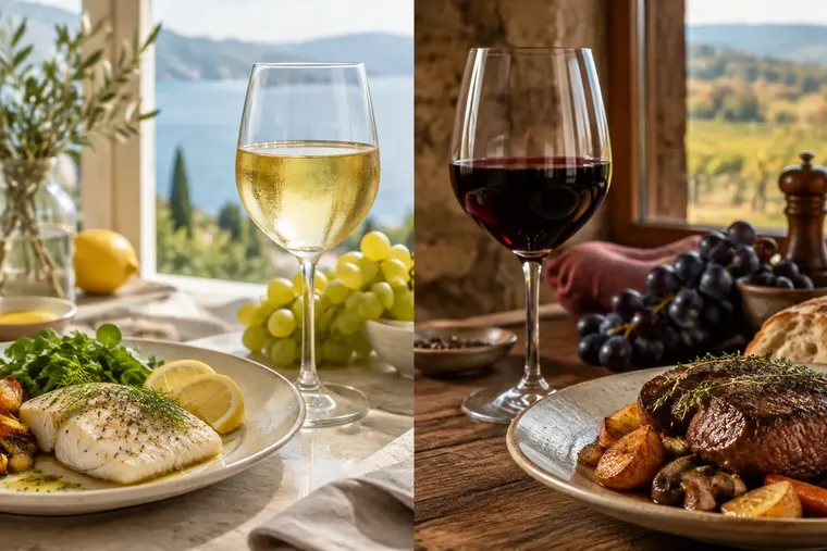 Gegenüberstellung: links Weißwein, rechts Rotwein