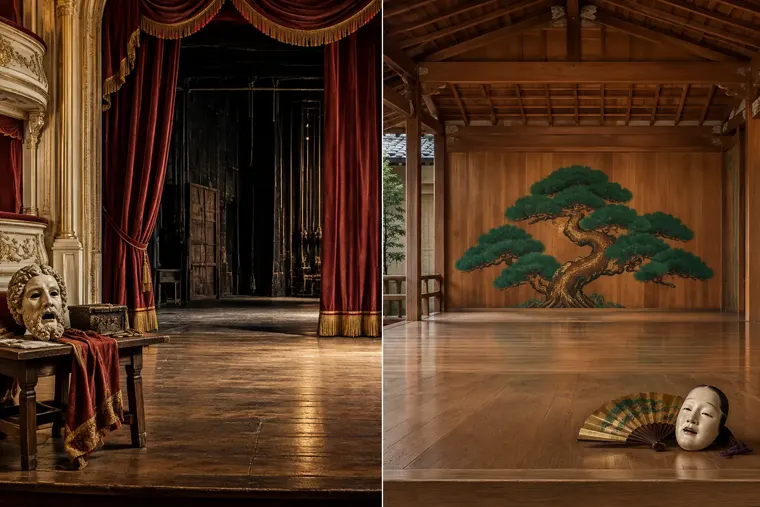Gegenüberstellung: links westliches Theater, rechts östliches Theater