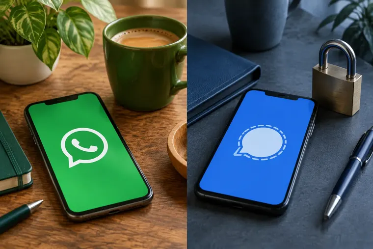 Gegenüberstellung: links WhatsApp, rechts Signal