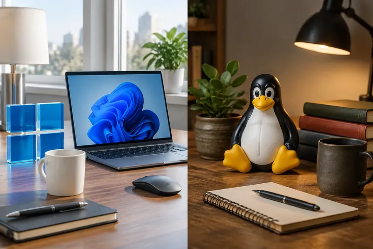 Gegenüberstellung: links Windows, rechts Linux