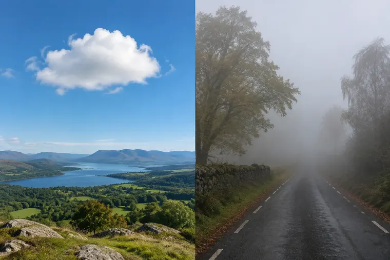 Gegenüberstellung: links Wolke, rechts Nebel