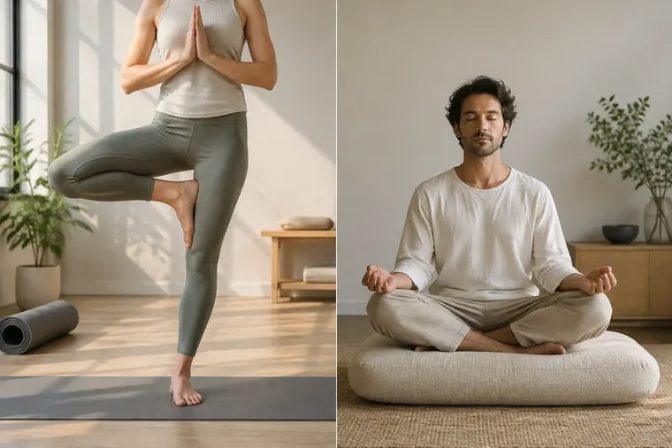 Gegenüberstellung: links Yoga, rechts Meditation