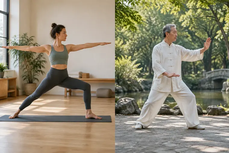 Gegenüberstellung: links Yoga, rechts Tai Chi