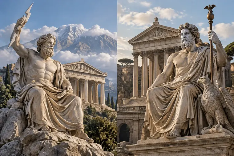 Gegenüberstellung: links Zeus, rechts Jupiter