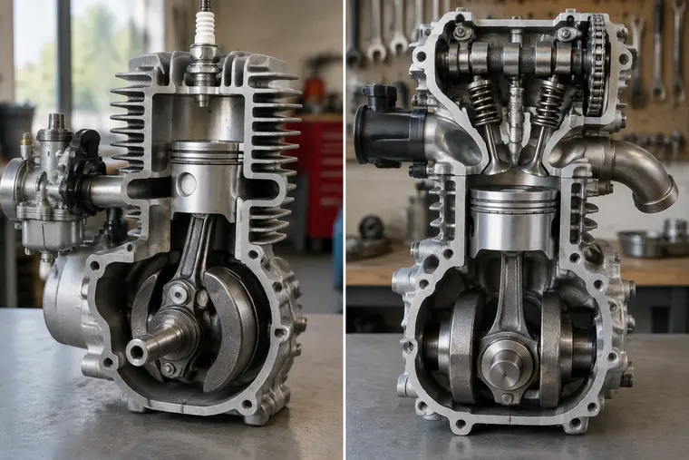 Gegenüberstellung: links Zweitaktmotor, rechts Viertaktmotor